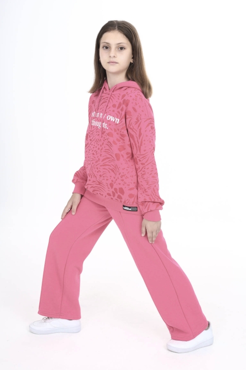 Pembe Yazı Baskılı Geniş Paça Polarlı Kız Çocuk Eşofman Takımı 16448
