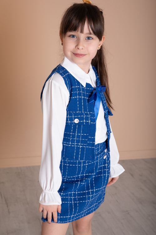 Saks Mavi Fiyonklu Yelekli Düğme Detaylı Şort Etekli Kız Çocuk 3lü Takım 20316