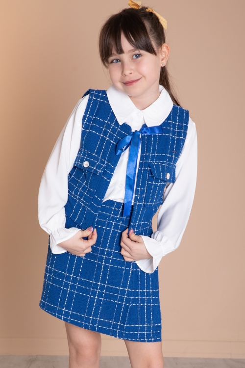 Saks Mavi Fiyonklu Yelekli Düğme Detaylı Şort Etekli Kız Çocuk 3lü Takım 20316