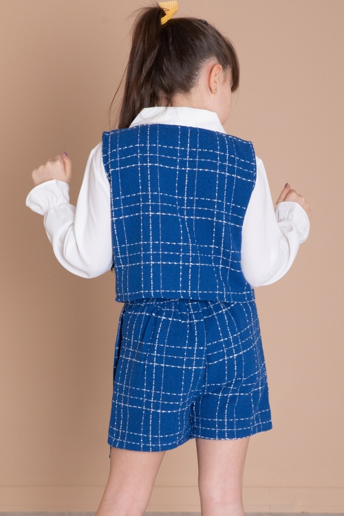 Saks Mavi Fiyonklu Yelekli Düğme Detaylı Şort Etekli Kız Çocuk 3lü Takım 20316