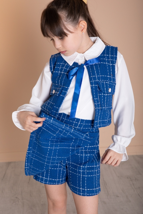 Saks Mavi Fiyonklu Yelekli Düğme Detaylı Şort Etekli Kız Çocuk 3lü Takım 20316