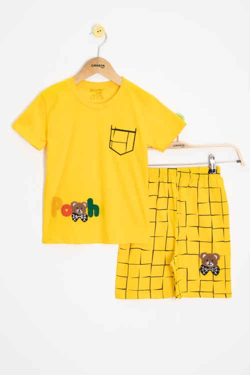 Sarı Ayıcık Nakışlı Kısa Kol Tişörtlü Erkek Çocuk Şortlu Takım 20584