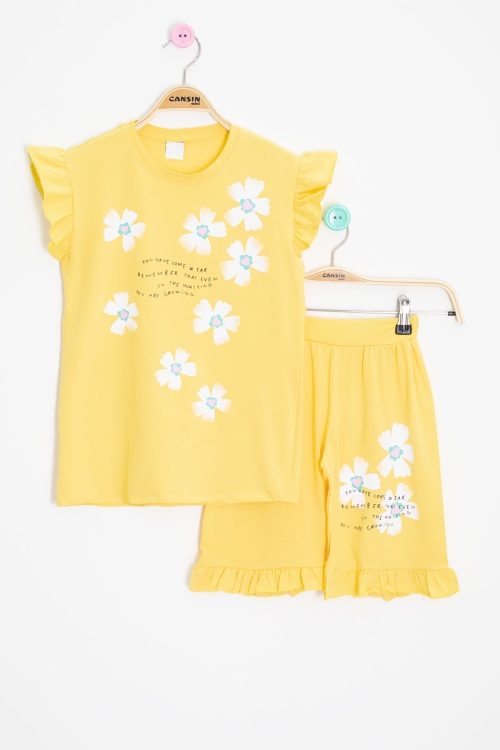 Sarı Çiçek Desenli Fırfır Detaylı Kız Çocuk Şortlu Takım 20597