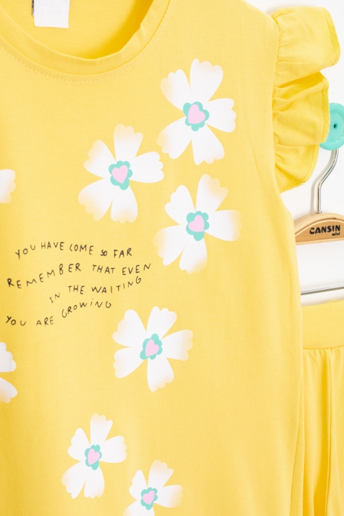 Sarı Çiçek Desenli Fırfır Detaylı Kız Çocuk Şortlu Takım 20597