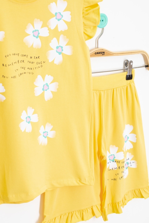 Sarı Çiçek Desenli Fırfır Detaylı Kız Çocuk Şortlu Takım 20597