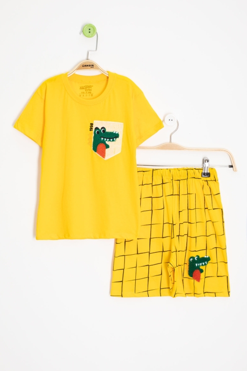 Sarı Dino Cep Nakışlı Kısa Kol Tişörtlü Erkek Çocuk Şortlu Takım 20575