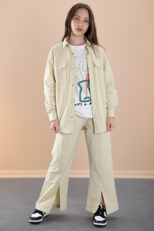 Sarı Kız Çocuk Çiçek Baskılı Gömlekli Jogger Pantolonlu 3lü Takım 20474