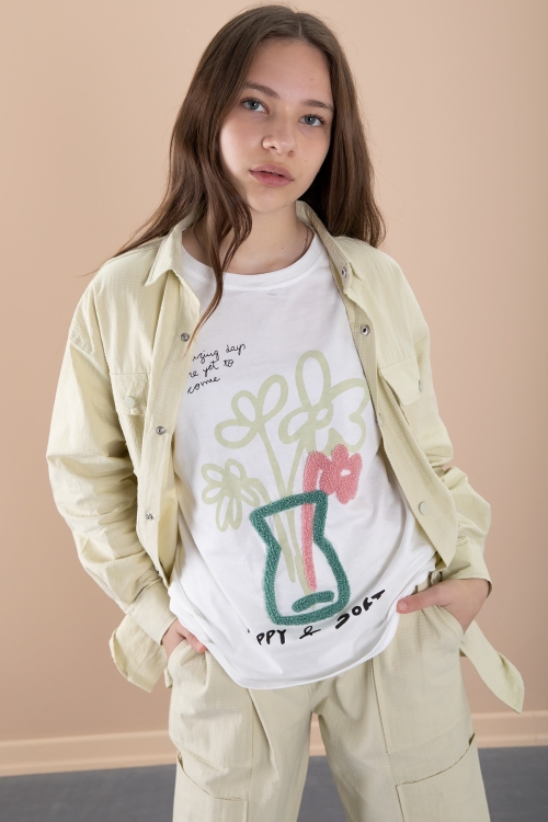 Sarı Kız Çocuk Çiçek Baskılı Gömlekli Jogger Pantolonlu 3lü Takım 20474