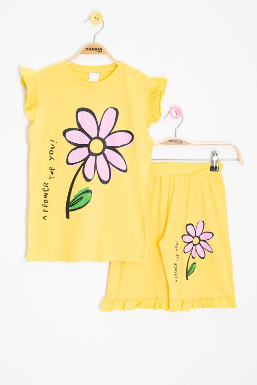 Sarı Papatya Baskılı Fırfır Detaylı Kız Çocuk Şortlu 2li Takım 20607