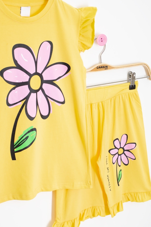 Sarı Papatya Baskılı Fırfır Detaylı Kız Çocuk Şortlu 2li Takım 20607