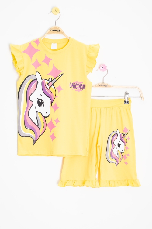 Sarı Unicorn Baskılı Kız Çocuk Şortlu 2li Takım 20614