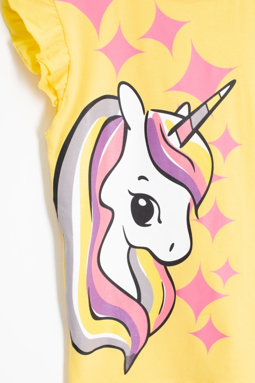 Sarı Unicorn Baskılı Kız Çocuk Şortlu 2li Takım 20614