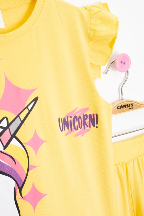 Sarı Unicorn Baskılı Kız Çocuk Şortlu 2li Takım 20614