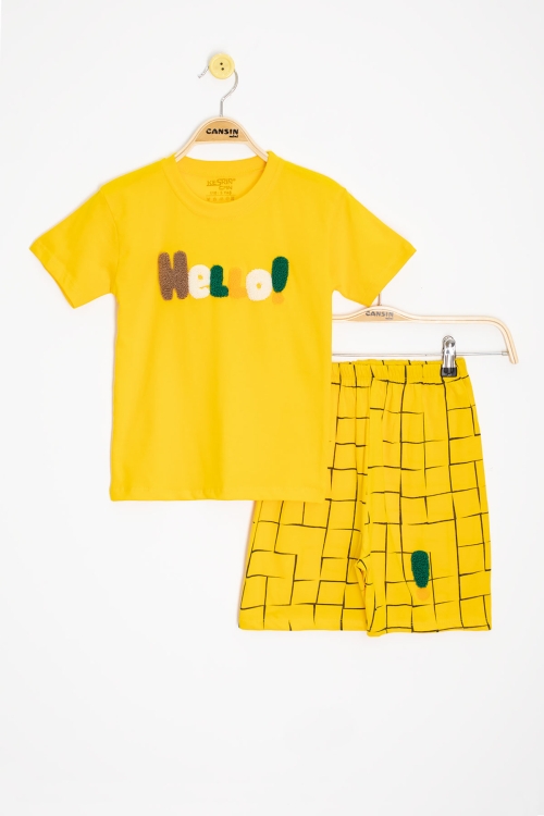 Sarı Yazı Nakışlı Kısa Kol Tişörtlü Erkek Çocuk Şortlu Takım 20587
