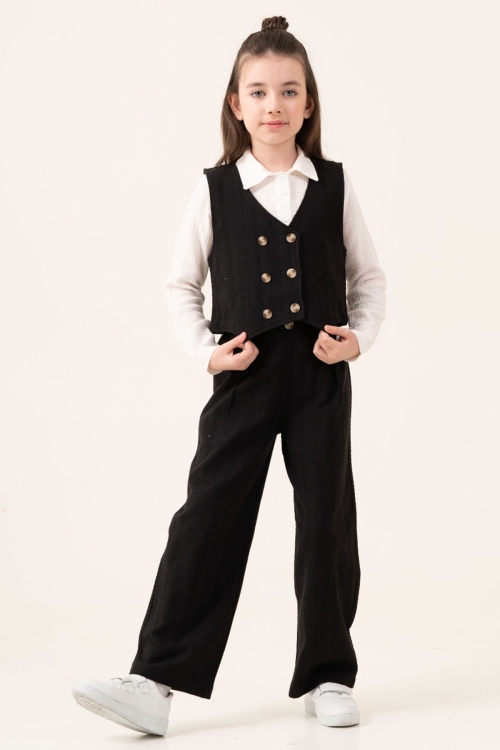 Siyah Armürlü Yelekli Düğmeli Gömlekli Kız Çocuk 3lü Takım 20530