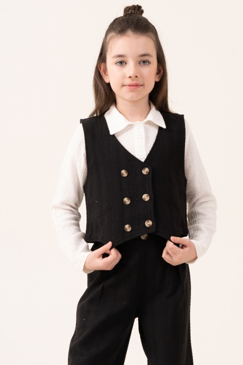 Siyah Armürlü Yelekli Düğmeli Gömlekli Kız Çocuk 3lü Takım 20530