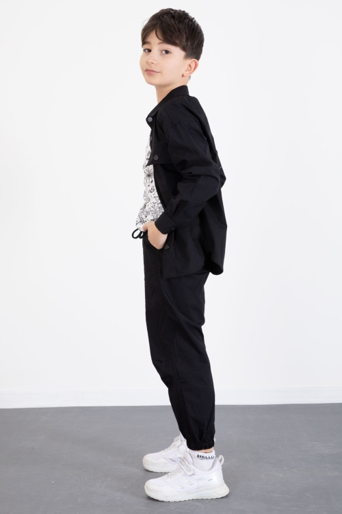 Siyah Baskılı Tişörtlü Paraşüt Gömlek ve Pantolonlu Erkek Çocuk 3lü Takım 20512