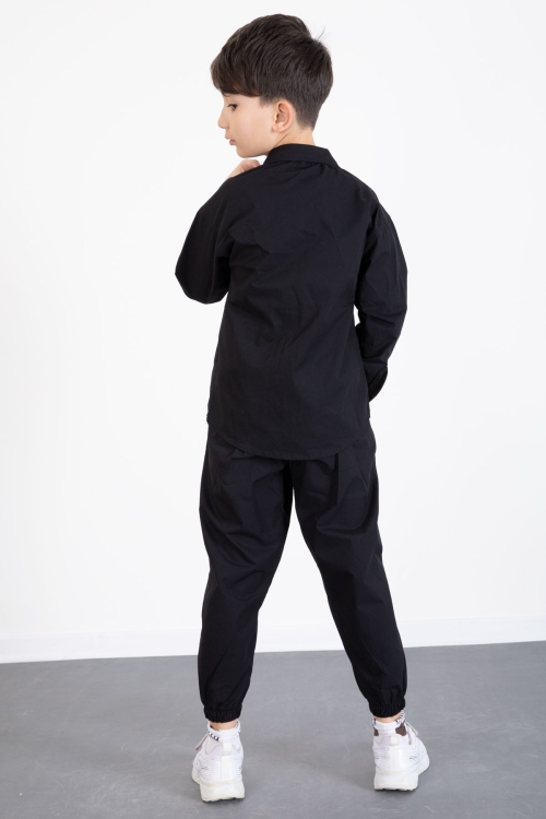Siyah Baskılı Tişörtlü Paraşüt Gömlek ve Pantolonlu Erkek Çocuk 3lü Takım 20512