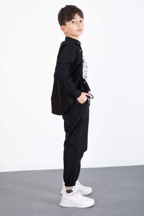 Siyah Baskılı Tişörtlü Paraşüt Gömlek ve Pantolonlu Erkek Çocuk 3lü Takım 20512