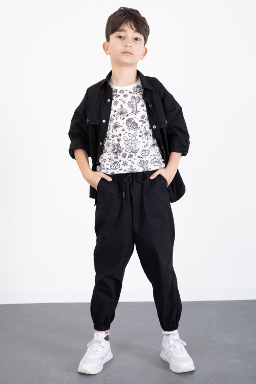 Siyah Baskılı Tişörtlü Paraşüt Gömlek ve Pantolonlu Erkek Çocuk 3lü Takım 20512