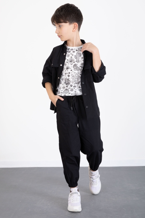 Siyah Baskılı Tişörtlü Paraşüt Gömlek ve Pantolonlu Erkek Çocuk 3lü Takım 20512