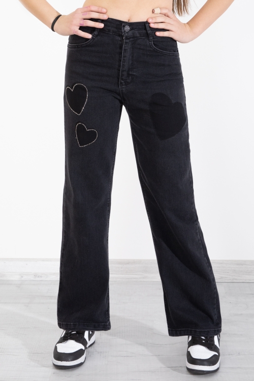 Siyah Beli Lastikli Geniş Paça Kalp Desenli Kız Çocuk Jean Pantolon 20407