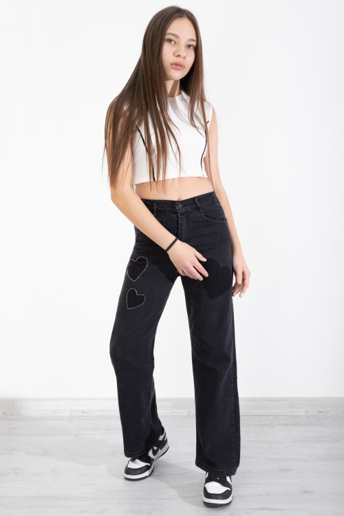 Siyah Beli Lastikli Geniş Paça Kalp Desenli Kız Çocuk Jean Pantolon 20407