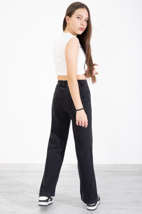 Siyah Beli Lastikli Geniş Paça Kalp Desenli Kız Çocuk Jean Pantolon 20407