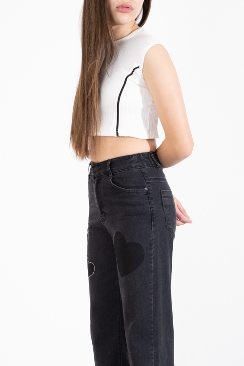 Siyah Beli Lastikli Geniş Paça Kalp Desenli Kız Çocuk Jean Pantolon 20407