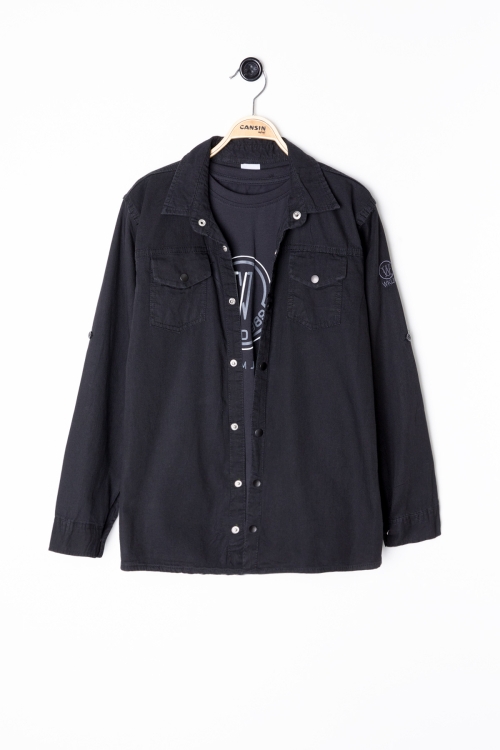 Siyah Bisiklet Yaka Tişörtlü Erkek Çocuk Göğüs Cepli Jean Gömlek 20079