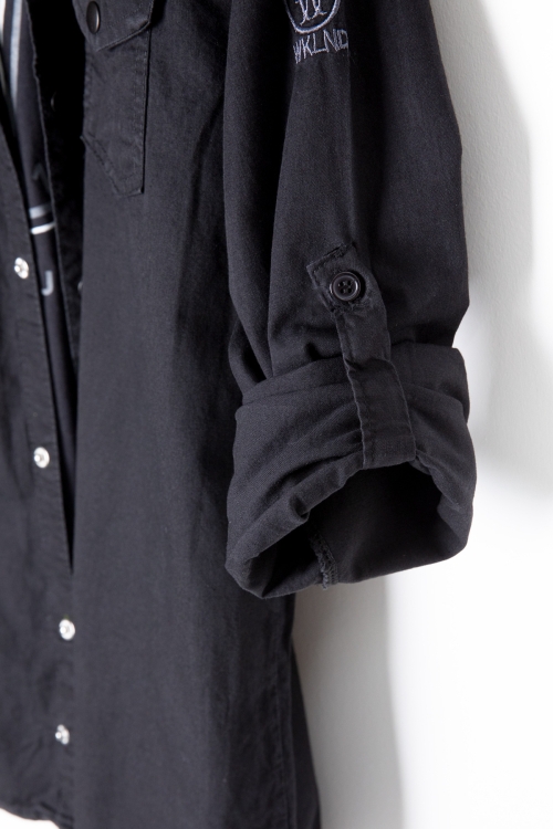 Siyah Bisiklet Yaka Tişörtlü Erkek Çocuk Göğüs Cepli Jean Gömlek 20079