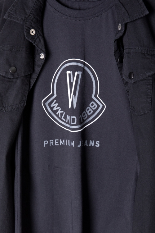 Siyah Bisiklet Yaka Tişörtlü Erkek Çocuk Göğüs Cepli Jean Gömlek 20079