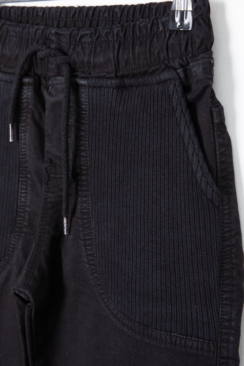 Siyah Cebi Dokuma Detaylı Beli Lastikli Erkek Çocuk Keten Pantolon 20413