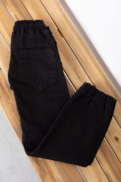 Siyah Cebi Dokuma Detaylı Beli Lastikli Erkek Çocuk Keten Pantolon 20413