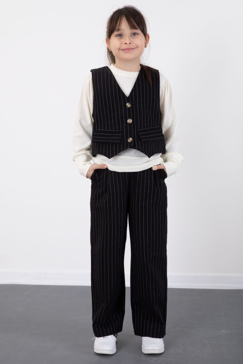 Siyah Çizgi Desenli Yelekli Geniş Paça Pantolonlu Kız Çocuk Badili 3lü Takım 20493