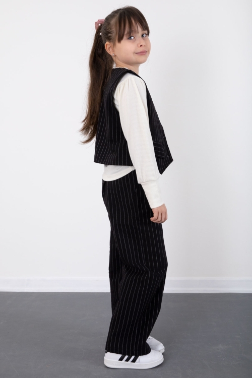 Siyah Çizgi Desenli Yelekli Geniş Paça Pantolonlu Kız Çocuk Badili 3lü Takım 20493
