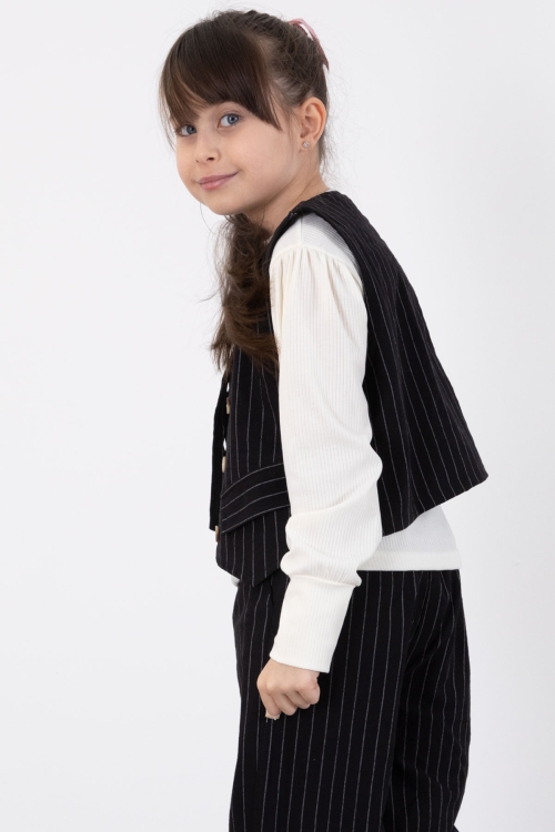 Siyah Çizgi Desenli Yelekli Geniş Paça Pantolonlu Kız Çocuk Badili 3lü Takım 20493