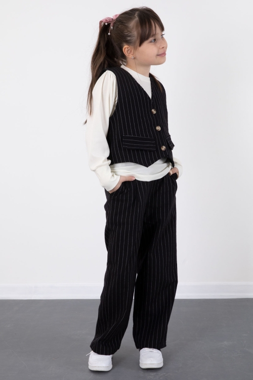 Siyah Çizgi Desenli Yelekli Geniş Paça Pantolonlu Kız Çocuk Badili 3lü Takım 20493