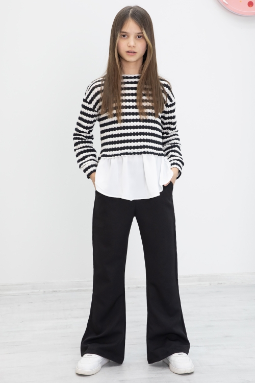 Siyah Çizgili Bluzlu İspanyol Paça Pantolonlu Kız Çocuk 2li Takım 19986