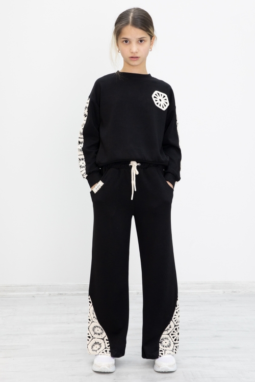 Siyah Dantel İşlemeli Geniş Paça Pantolonlu Kız Çocuk Takım 19981