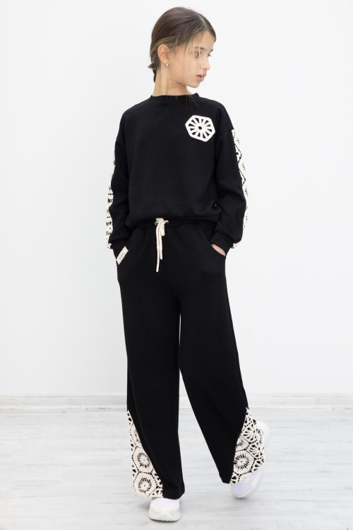 Siyah Dantel İşlemeli Geniş Paça Pantolonlu Kız Çocuk Takım 19981