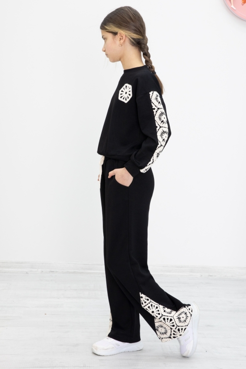 Siyah Dantel İşlemeli Geniş Paça Pantolonlu Kız Çocuk Takım 19981