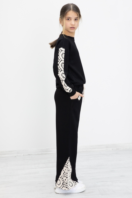 Siyah Dantel İşlemeli Geniş Paça Pantolonlu Kız Çocuk Takım 19981