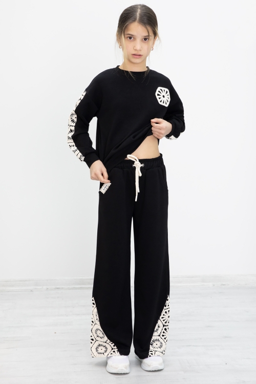 Siyah Dantel İşlemeli Geniş Paça Pantolonlu Kız Çocuk Takım 19981