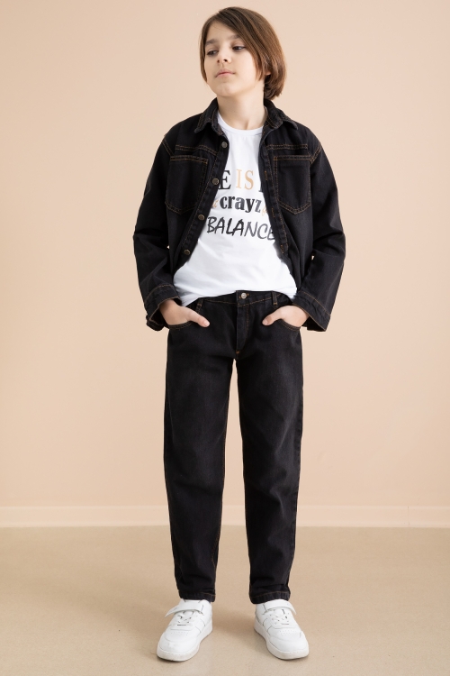 Siyah Düğmeli Jean Gömlekli Pantolonlu 3lü Erkek Çocuk Takım 19996