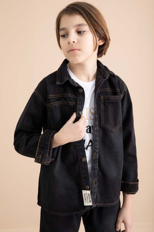 Siyah Düğmeli Jean Gömlekli Pantolonlu 3lü Erkek Çocuk Takım 19996