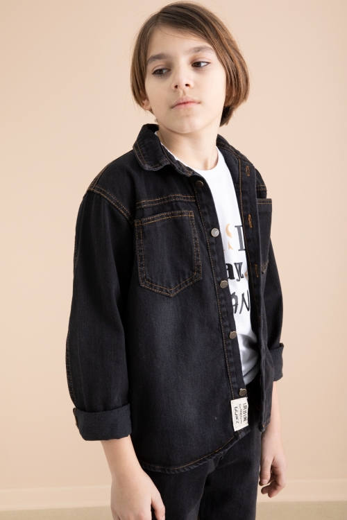 Siyah Düğmeli Jean Gömlekli Pantolonlu 3lü Erkek Çocuk Takım 19996