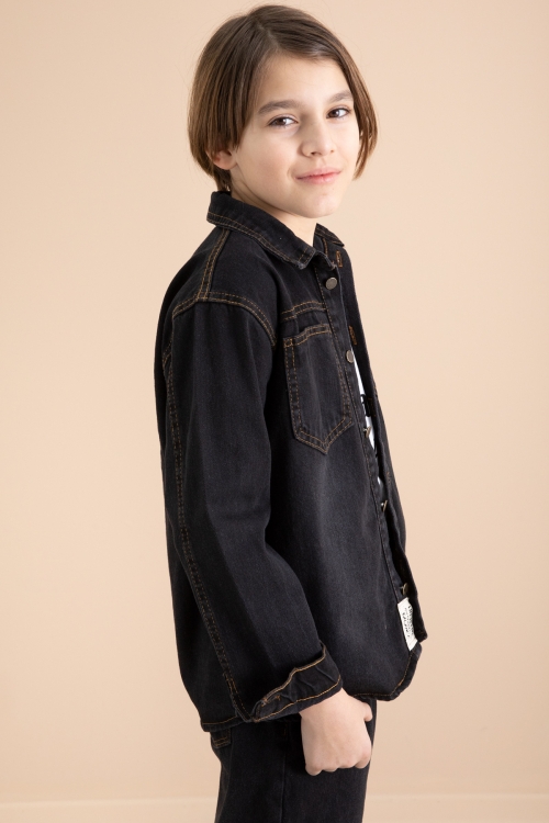 Siyah Düğmeli Jean Gömlekli Pantolonlu 3lü Erkek Çocuk Takım 19996