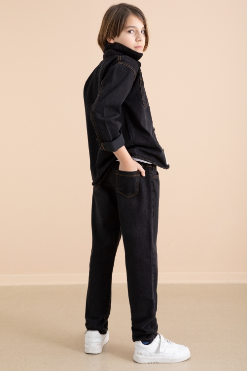 Siyah Düğmeli Jean Gömlekli Pantolonlu 3lü Erkek Çocuk Takım 19996