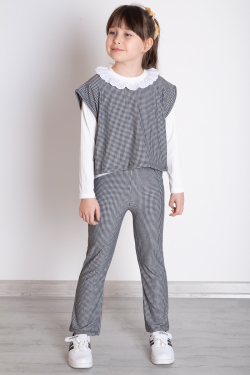 Siyah Ekose Desenli Süveterli Pantolonlu Kız Çocuk Badili 3lü Takım 20371